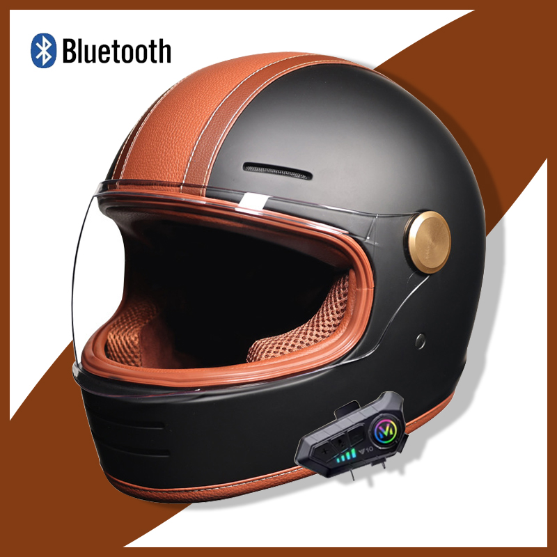 Full Face Motorcycle Helmet With Bluetooth - หมวกกันน็อคย้อนยุคแบบเต็มหน้าพร้อม Bluetooth - อุปกรณ์ความปลอดภัยออฟโรดที่ผ่านการรับรอง DOT ดีไซน์ไม่จํากัดเพศที่ทนทาน